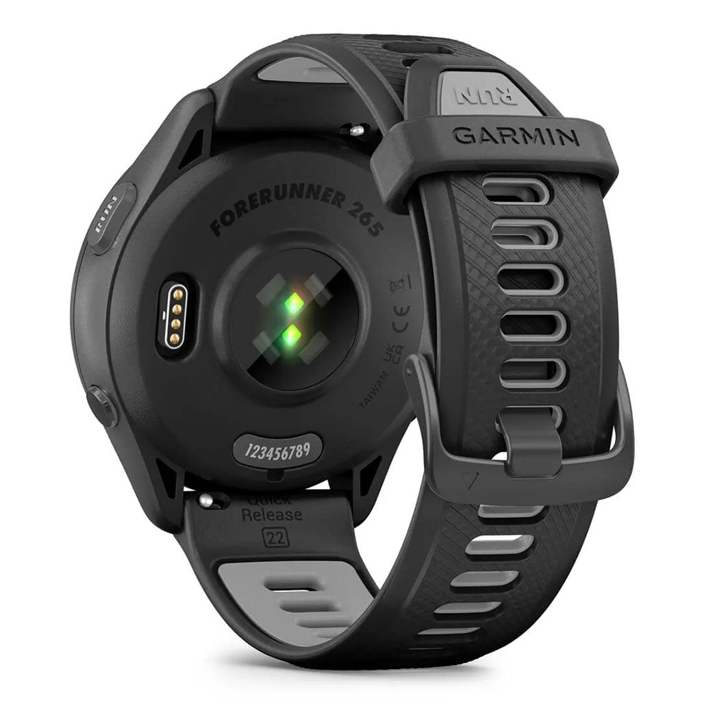 A Photo Of Garmin Forerunner 265 - 010-02810-10 - Black Bezel and Case with Black/Powder Gray Silicone Band