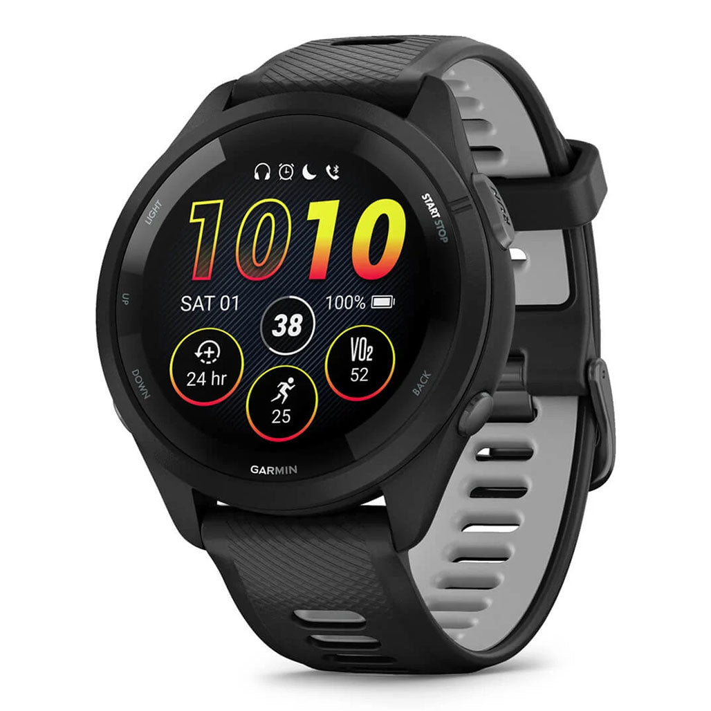 A Photo Of Garmin Forerunner 265 - 010-02810-10 - Black Bezel and Case with Black/Powder Gray Silicone Band