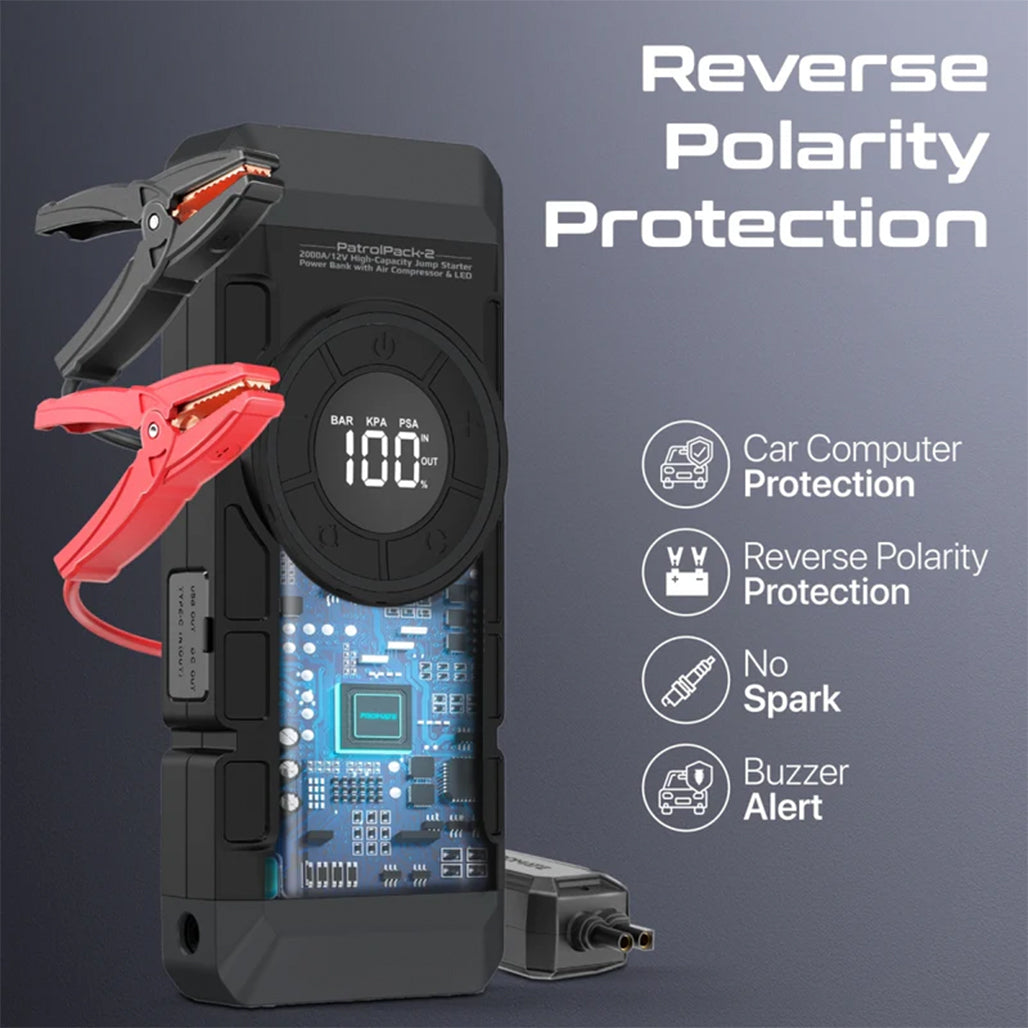 A Photo Of Promate PatrolPack-2 2000A Jump Starter with Air Compressor & LED Flashlight | 4-in-1 Adventure Tool