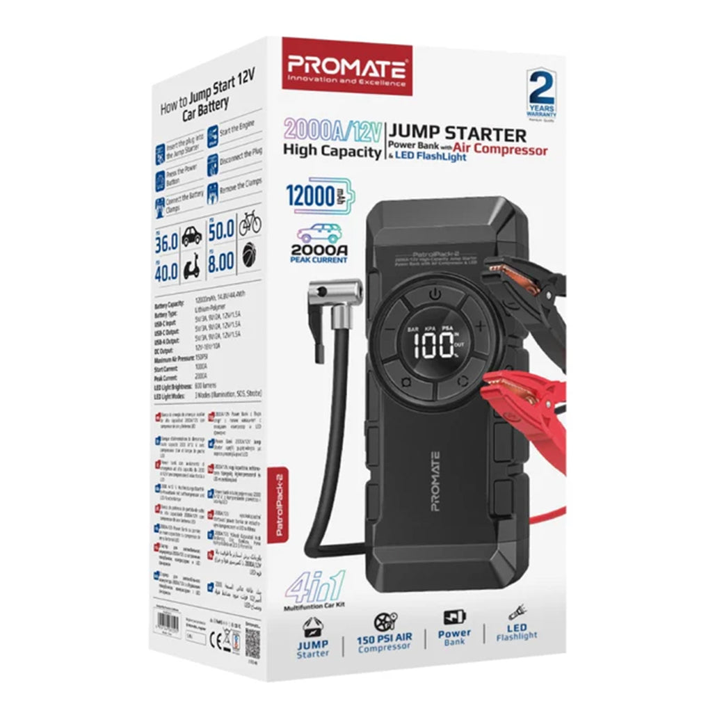 A Photo Of Promate PatrolPack-2 2000A Jump Starter with Air Compressor & LED Flashlight | 4-in-1 Adventure Tool