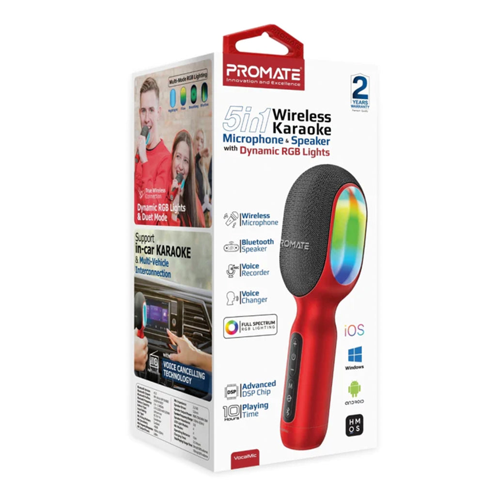 Promate VocalMic 5-in-1 Wireless Karaoke Microphone & Speaker - Red, 32874844389628, Available at 961Souq