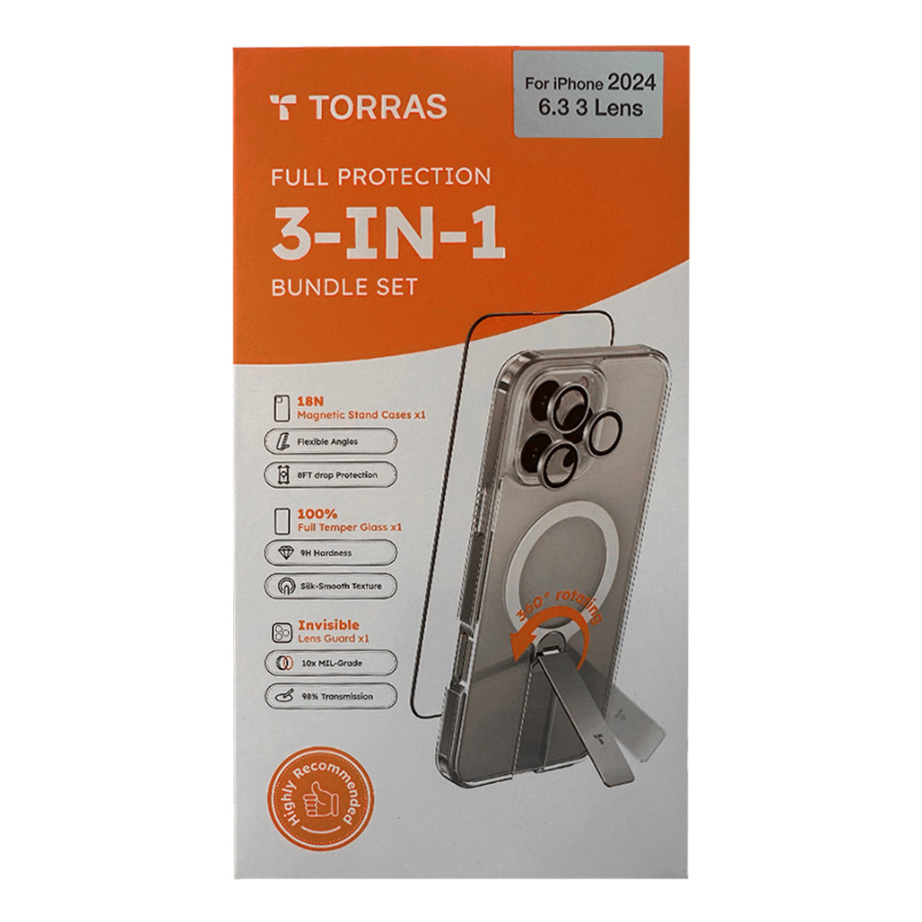 A Photo Of Torras Full Protection 3-in-1 Bundle Set for iPhone 16 Pro - Magnetic Stand Case, Tempered Glass Screen Protector, and Invisible Lens Guard