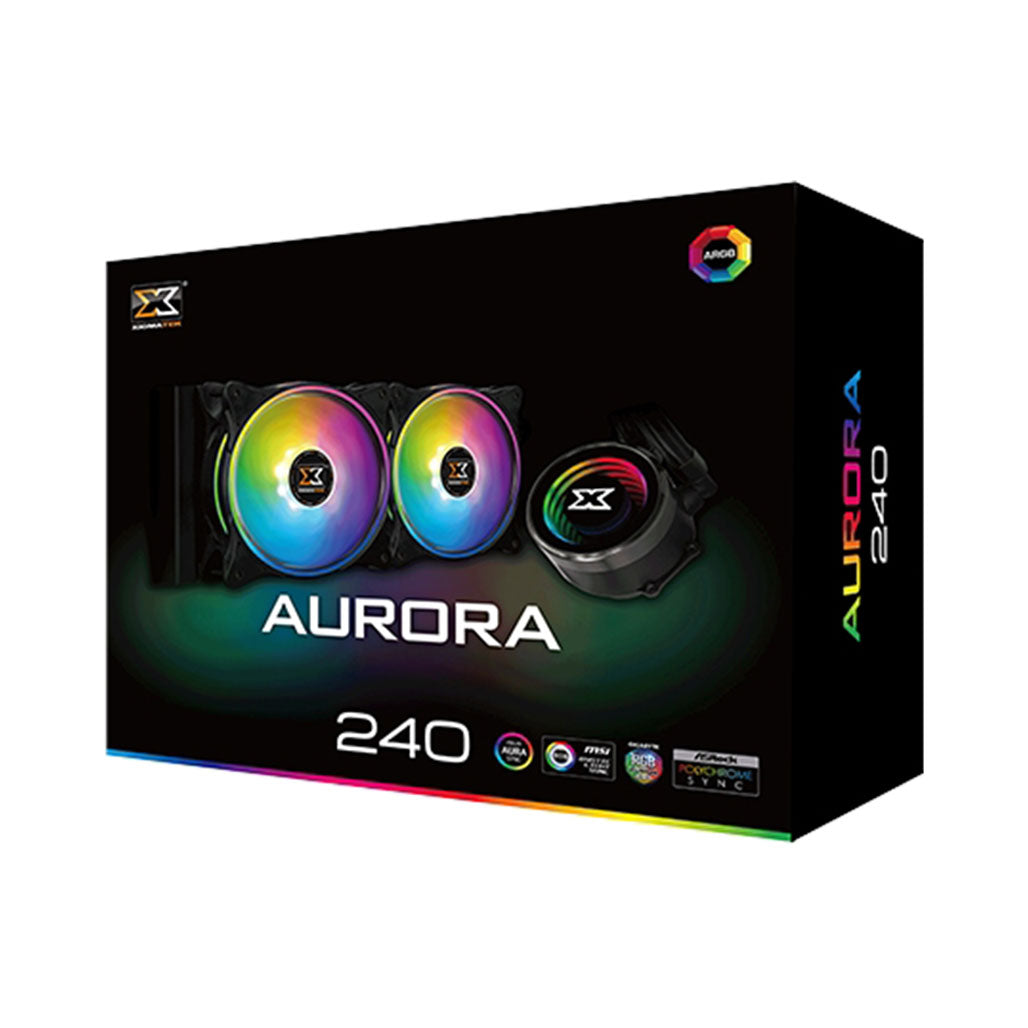 A Photo Of Xigmatek Aurora 240 - AIO Liquid Cooler, Aura Illuminated Pump Head, 2x120mm AT120 Rainbow Fan, Reinforced Metal Backplate