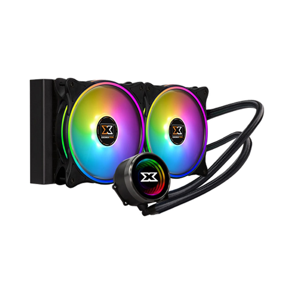 A Photo Of Xigmatek Aurora 240 - AIO Liquid Cooler, Aura Illuminated Pump Head, 2x120mm AT120 Rainbow Fan, Reinforced Metal Backplate