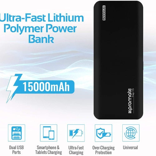 A Photo Of Promate Tag-15 15000mAh Travel Power Bank | High Capacity Portable Charger with Dual USB Outputs