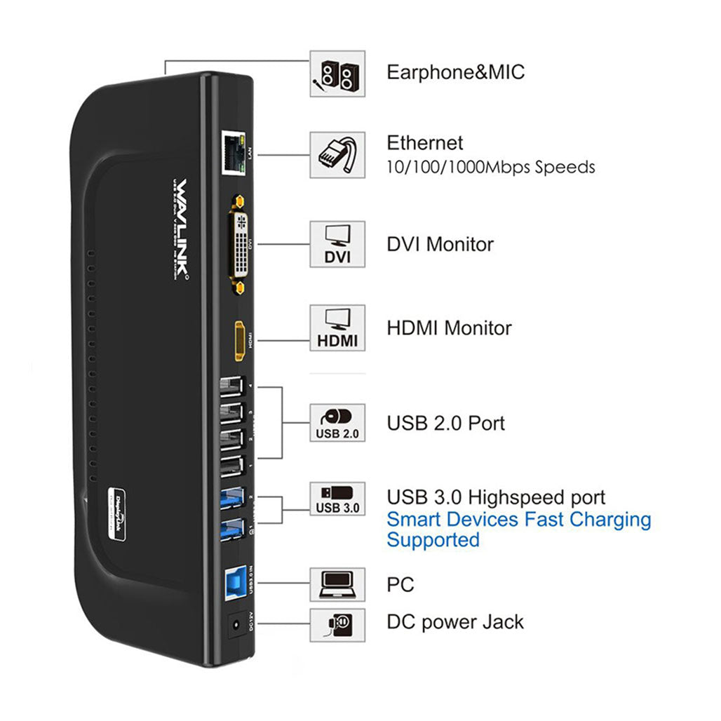 Wavlink UG39DK4 USB 3.0 Universal Dual Display Docking Station, 31721184887036, Available at 961Souq